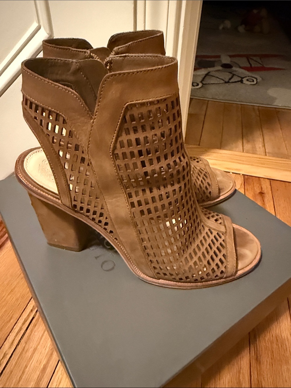 Vince Camuto Brown Laser-Cut Peep-Toe Block Heel Sandals